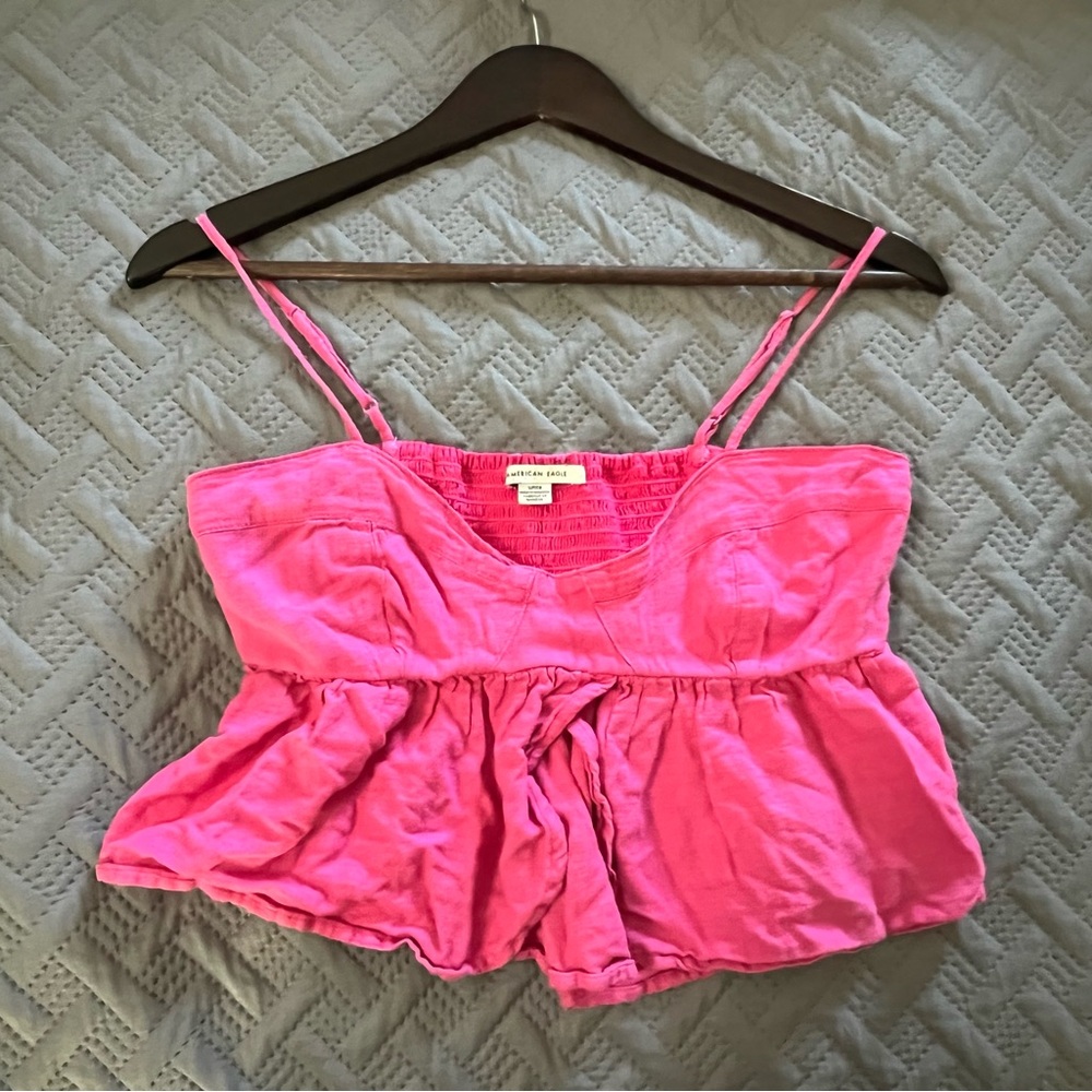 American Eagle Hot Pink Babydoll Linen Blend Cropped Tank Top Size Small